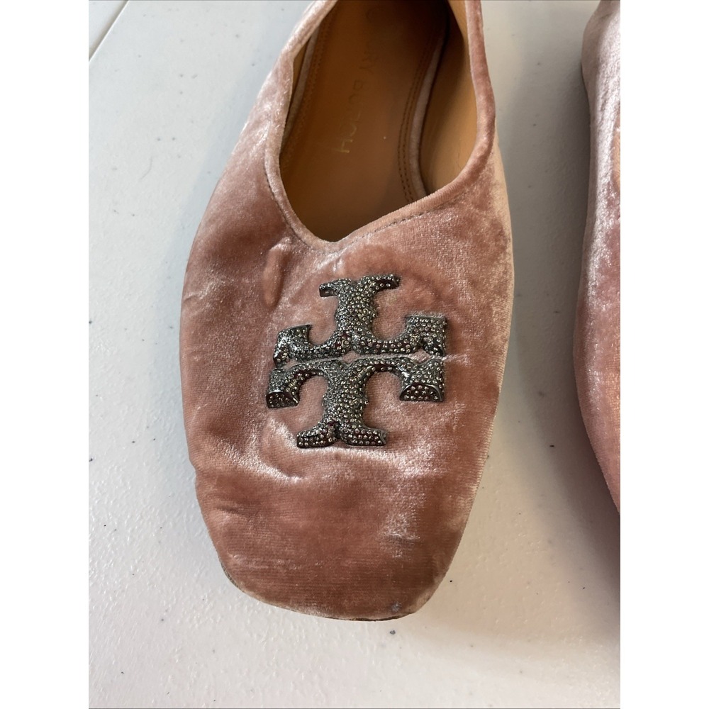 Tory Burch Eleanor crushed velvet Ballet Flat Pink crystal Logo Womens Size 11 - Picture 5 of 15